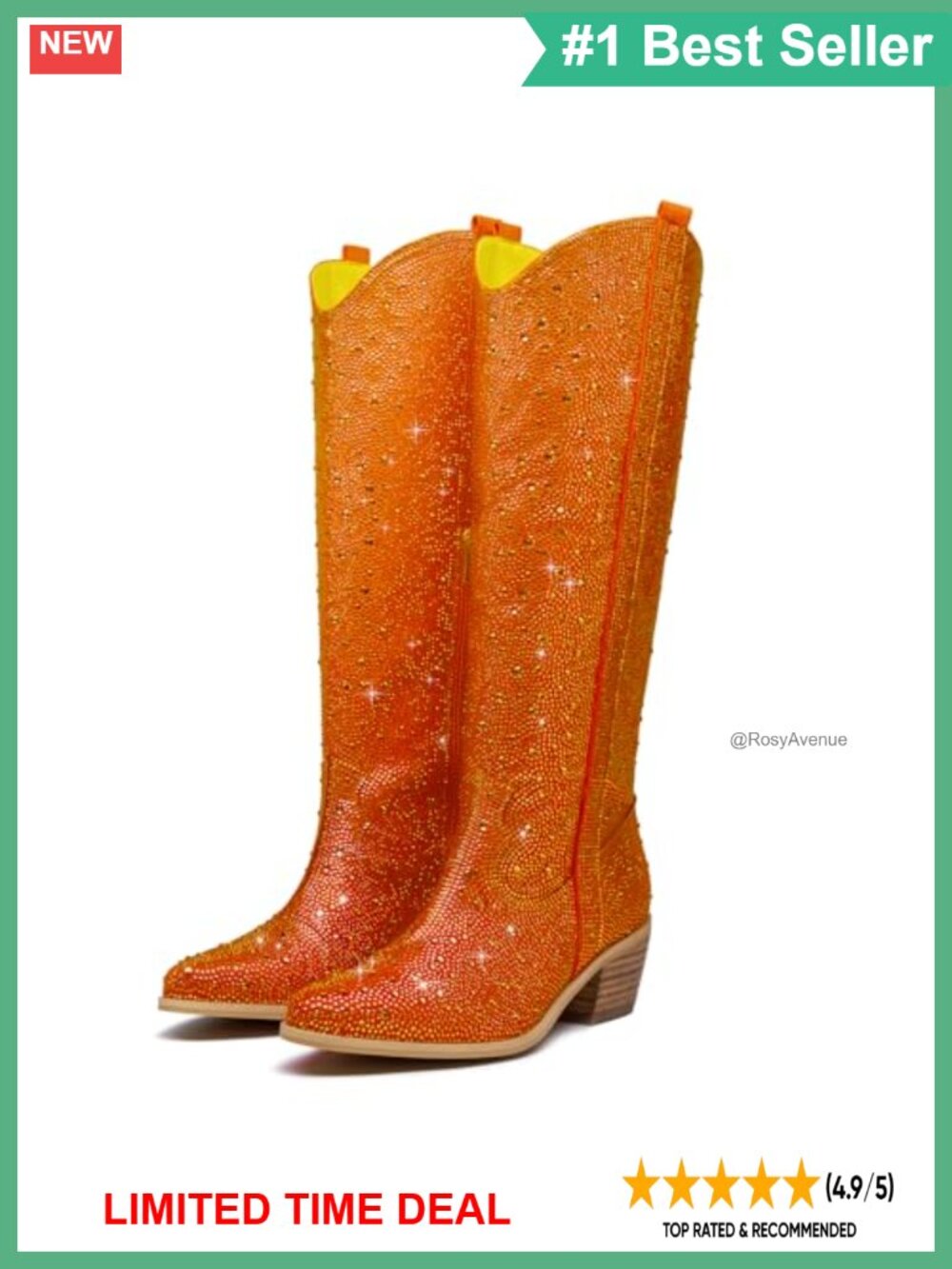 Rhinestone Western Cowboy Knee High Boots Pointed Toe Chunky Heel Party